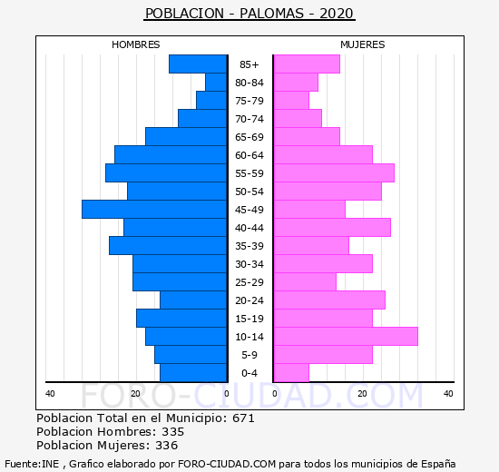 Palomas - Pirámide de población grupos quinquenales - Censo 2020