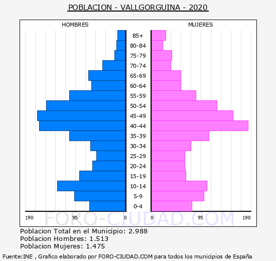 Vallgorguina - Pirámide de población grupos quinquenales - Censo 2020