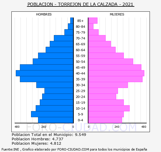 Torrejón de la Calzada - Pirámide de población grupos quinquenales - Censo 2021