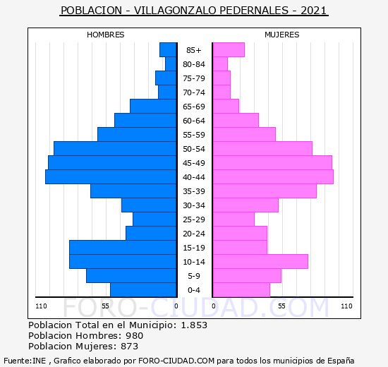 Villagonzalo Pedernales - Pirámide de población grupos quinquenales - Censo 2021