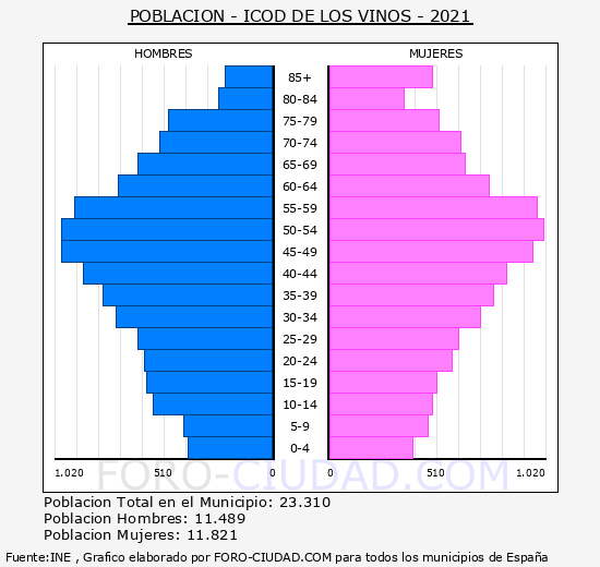 Icod de los Vinos - Pirámide de población grupos quinquenales - Censo 2021