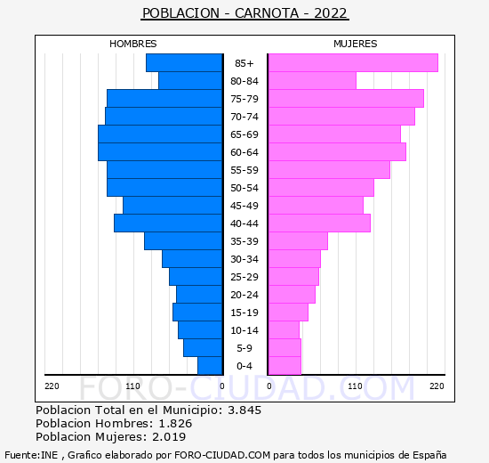 Carnota - Pirámide de población grupos quinquenales - Censo 2022