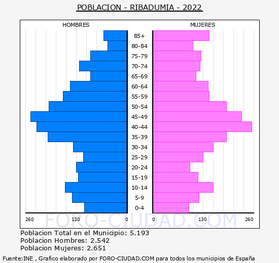 Ribadumia - Pirámide de población grupos quinquenales - Censo 2022