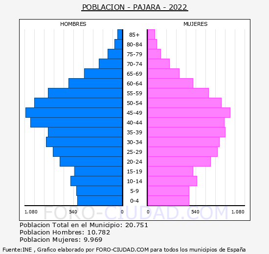 Pájara - Pirámide de población grupos quinquenales - Censo 2022