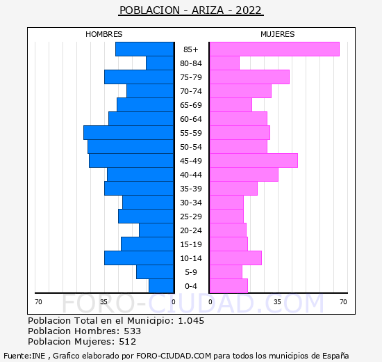 Ariza - Pirámide de población grupos quinquenales - Censo 2022