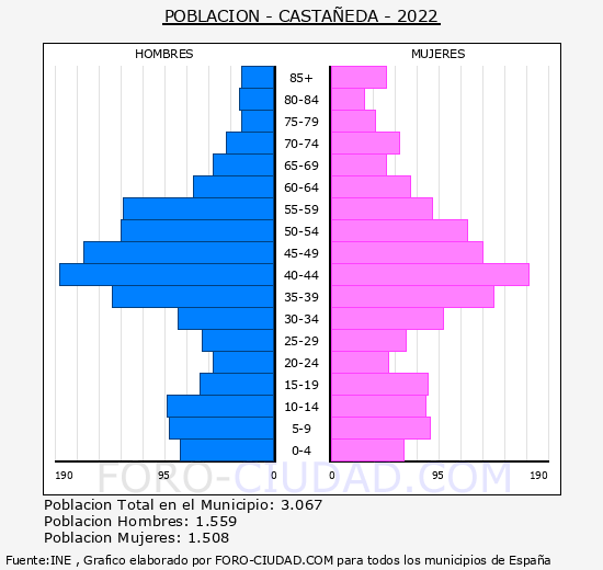 Castañeda - Pirámide de población grupos quinquenales - Censo 2022